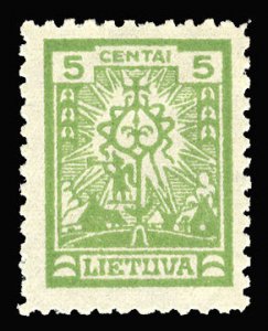 Lithuania #Lithuanian Handbook 185a, 1923 watermarked, 5c light green, hinged