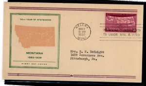 US 858 1939 3 cent Montana/50th Anniversary of Statehood (single) on an addressed (typed) textured First Day Cover with a Fideli