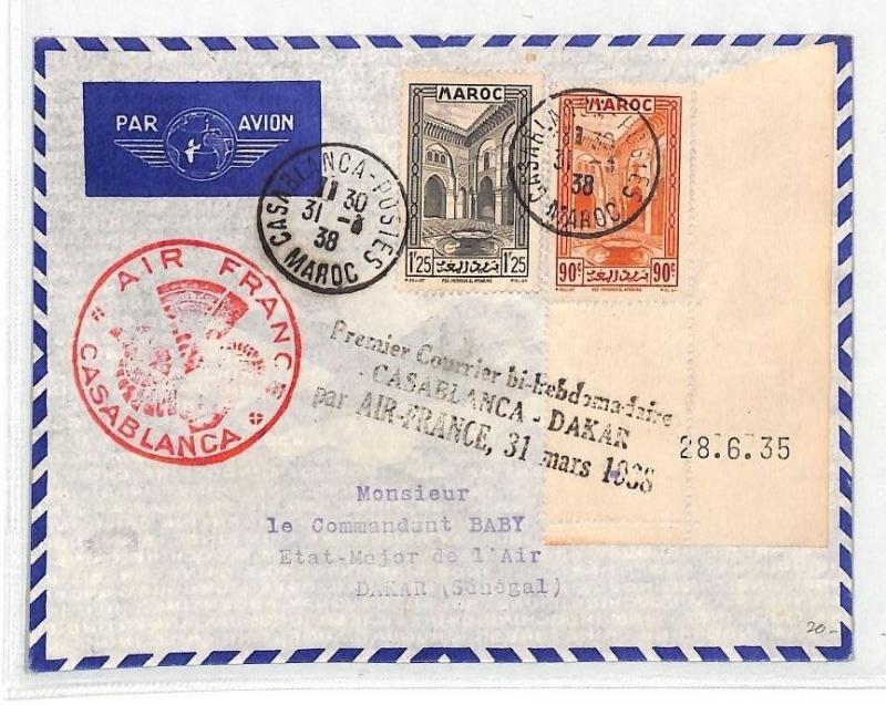 BK180 1938 Morocco Casablanca Postes Air France Dakar Senegal Cover{samwells}PTS