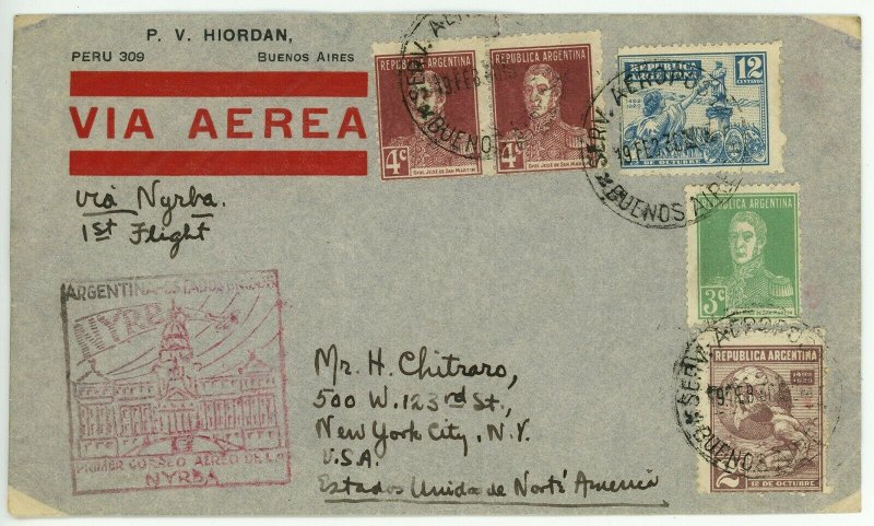 Argentina to USA First Airmail Flight NYRBA Stamps Postage Cachet Cover 1930