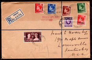 UK GB MOROCCO 1937 REGISTERED TANGIER MULTI FRANKED COVER TO KENTUCKY U.S.A