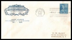 1938 Presidential series Prexy Sc 810-45 5c Monroe, House of Farnam cachet (BA