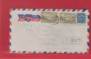 SHORT-PAID DUE TransATLANTIC Air mail 1947 T250 CENTIMES>AUSTRALIA from Canada