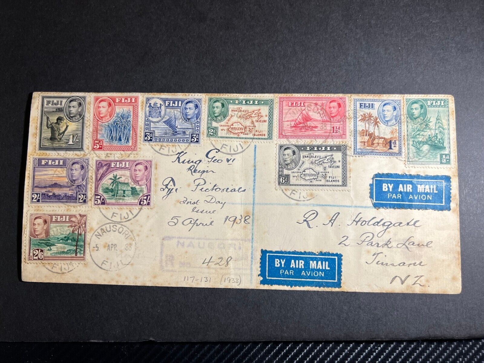 1938 Registered Fiji Airmail First Day Cover FDC Nausori to Timaru NZ