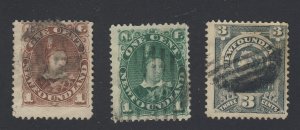 3x Newfoundland Used Stamps; #42-1c F #44-1c VF #60-3c F/VF. Guide = $18.00