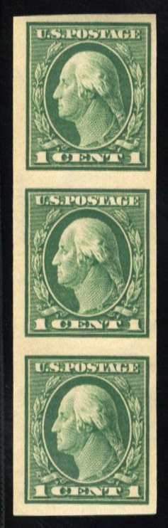 United States, 1904-9 #343 Cat$29+, 1908 1c green, vertical strip of three, n...