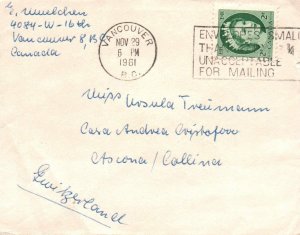 Canada 1961 Vancouver Cover to Switzerland - TB Seal On Back - L35364