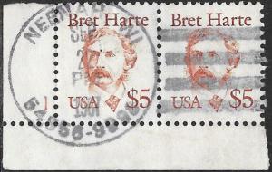 US 2196 Used Pair - Bret Harte - Writer - $5 Great American - PNS