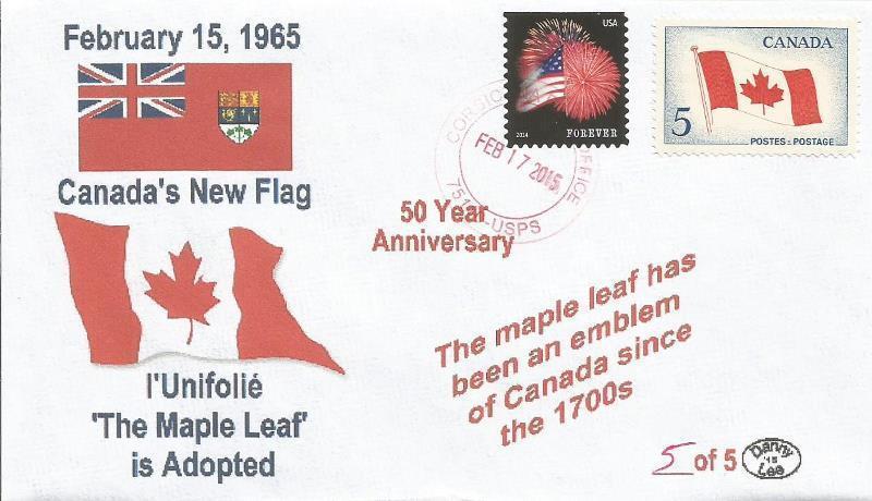 VERY LAST 15 Feb 1965 Canada New l'Unifolié Maple Leaf Flag #5of5 Cachet Cover