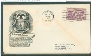 US 775 1935 3c Michigan Centenary single on an addressed first day cover with an Anderson cachet.