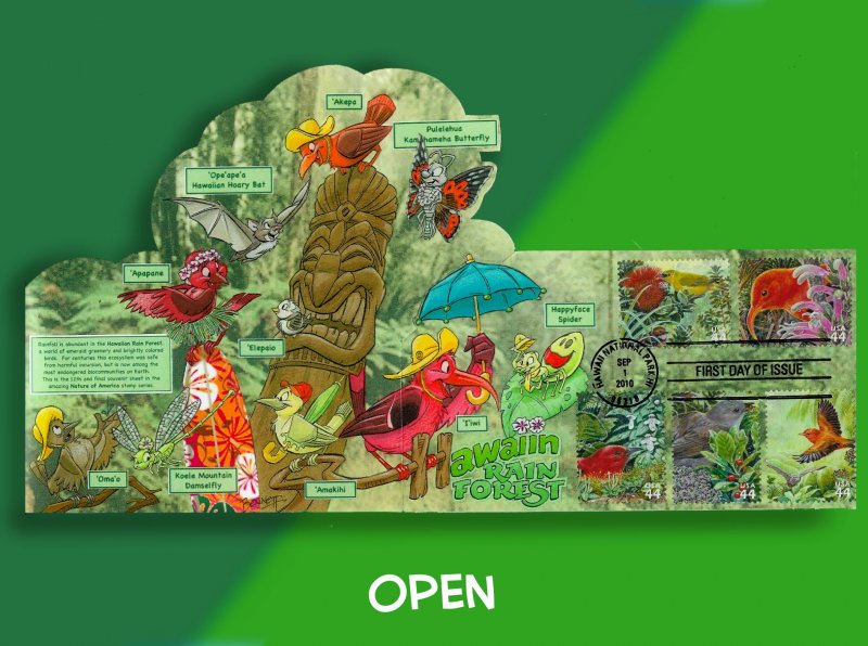 ALOHA! - Unique Tropical Birds ONLY on Hawaiian Rainforest Pop-Up FDC from 2010