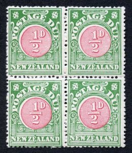 New Zealand P. Dues 1925 SGD26 1/2d P14x15 white gum block of 4 UM