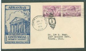 US 782 1936 3c Arkansas Statehood Centennial single on an addressed, typed FDC with Unknown Cachet and an Unofficial North Littl