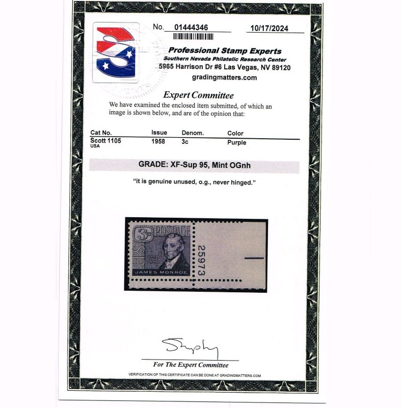 EXCEPTIONAL GENUINE SCOTT #1105 MINT PRISTINE OG NH PSE CERT GRADED XF-SUPERB 95