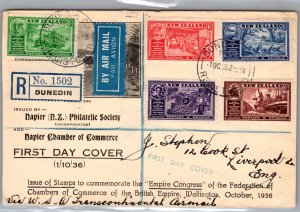 1936 Dunedin New Zealand Registered Airmail First Day Cover to Liverpool England