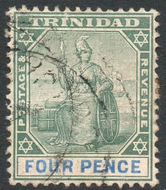 TRINIDAD-1901-06 4d Green & Blue/Buff chalk-surfaced Sg 130a GOOD USED V46183