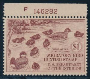 #RW8 $1 DUCK STAMP PLATE SINGLE VF OG NH CV $225 AU813