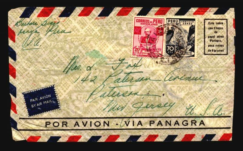 Peru 1939 Airmail Cover to USA / Light Creasing - Z14634