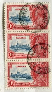 JAMAICA; 1935 early GV Jubilee issue fine used 1d. STRIP of 3, Postmark