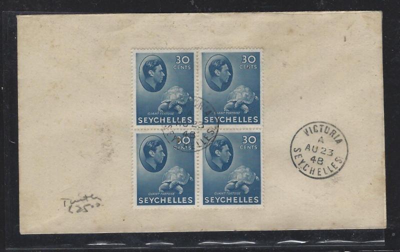 SEYCHELLES COVER (P3105B)    KGVI 30C TURTLE BL OF 4 1948 ON UNADDRESSED COVER