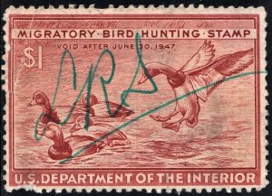 RW13 $1.00 Redhead Ducks Stamp (1946) Signed/Faults