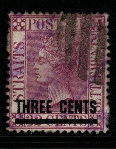 MALAYA STRAITS SETTLEMENTS SG83a 1885 3c on 32c DEEP MAGENTA USED