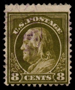 U.S. Scott #414: 1912 8¢ Benjamin Franklin, Used, Ave., Purple cancel