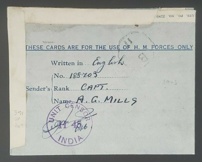 1943 Ambala India to Beckenham England Censorship WWII Folded Letter Cover