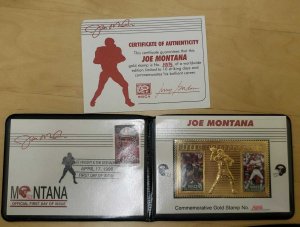 St. Vincent 1996 - Joe Montana, Football, Gold Stamp in Wallet & COA & FDC - MNH
