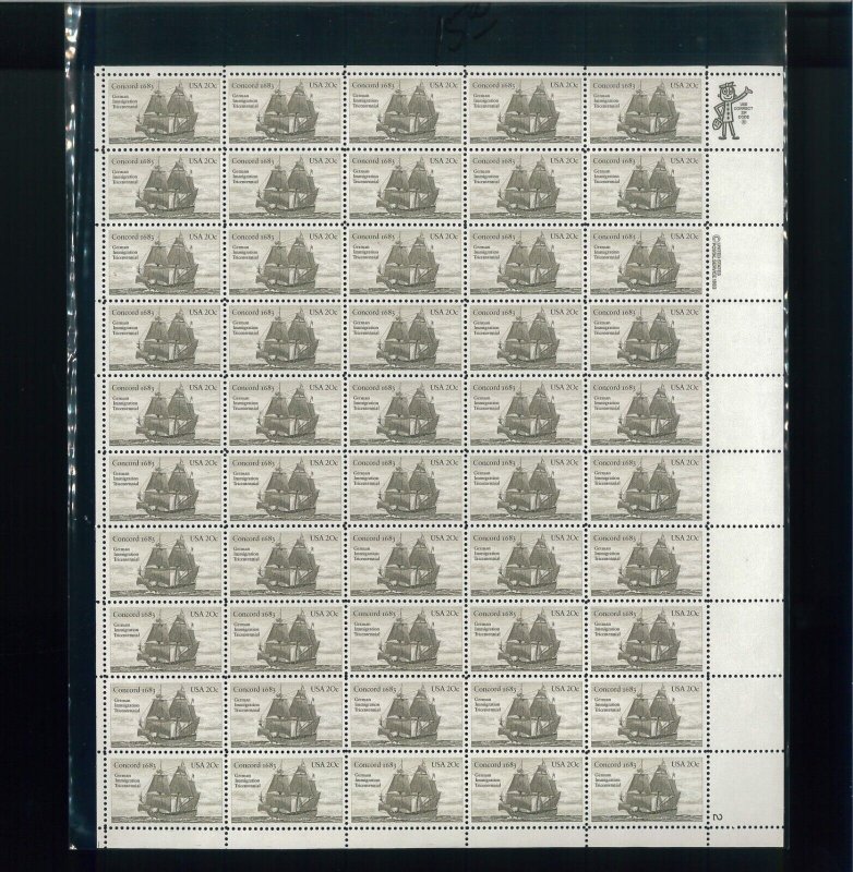 United States 20¢ Concord German Immigration Postage Stamp #2040 MNH Full Sheet