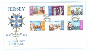 Jersey 366-371 1985 Huguenot heritage (set of six) on a cacheted, unaddessed first day cover.