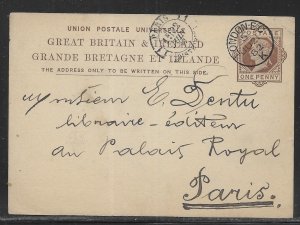 Great Britain Postal Stationery Postcard H&G 9 Used 1882 to Paris (z5)