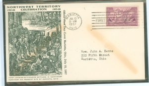 US 795 1937 3c Northwest territory ordinance (single) on an addressed (typed) fdc with a Marietta centennial commission cachet.