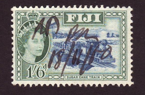 Fiji 1956 SG#290 1/6 Blue/Green Sugar Cane Train & QEII Head USED-Good-NH.