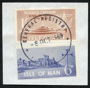 Isle of Man 1/- Brown and 6d Blue QEII Pictorial Revenues CDS On Piece