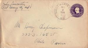 United States Maryland Saint Marys City 1934 4c-bar  Postal Stationery Envelope.