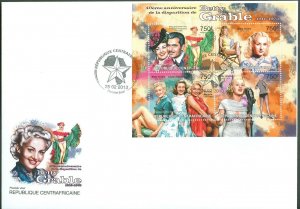 CENTRAL AFRICA 2013 40th MEMORIAL ANNIVERSARY BETTY GRABLE SHEET FDC