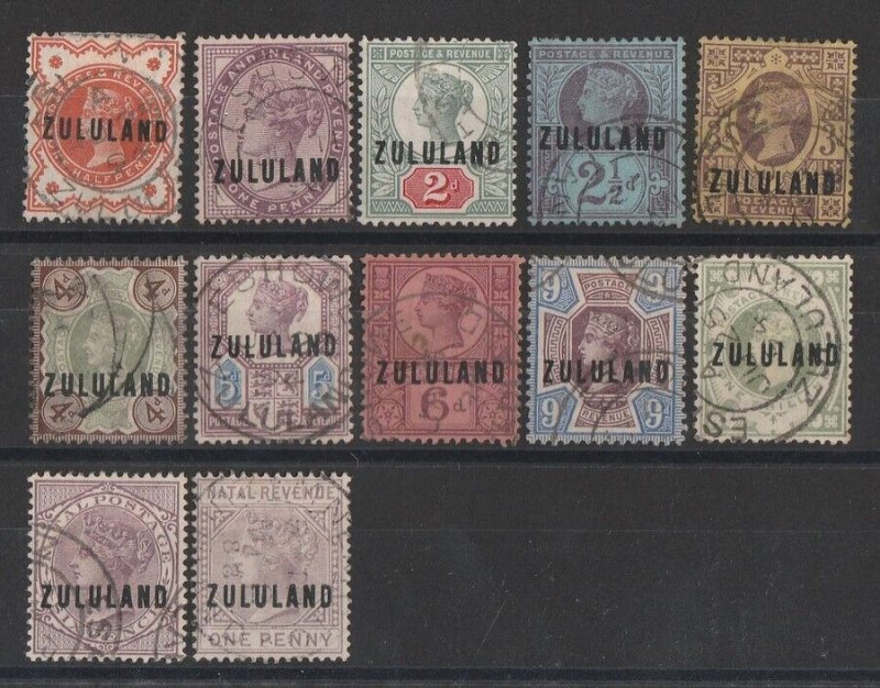 ZULULAND 1888 QV GB ½d to 1/-, + 1893 Natal 6d & 1891 1d Postal Fiscal.