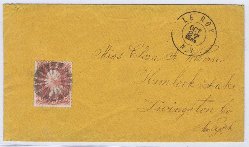US 65 on cover SON circle of rays fancy cancel, Le Roy NY CDS 1860s