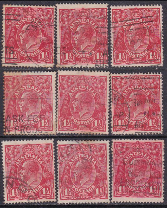 Australia 1924 KGV 1 1/2p red Sc#26 x 9 used