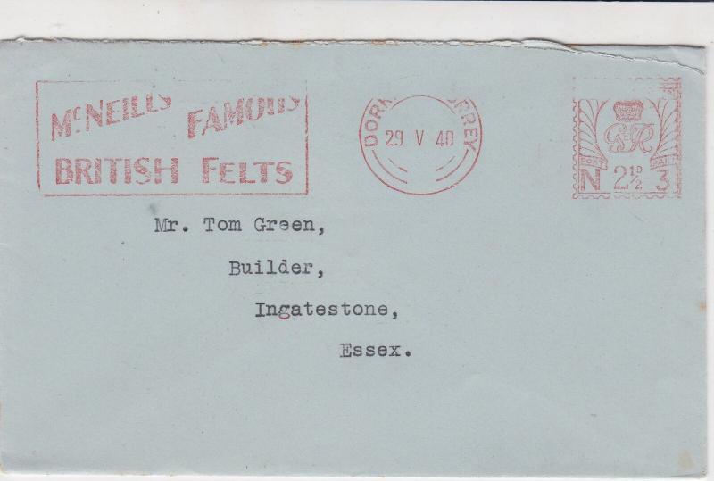 England 1940 McNeills Famous British Felts Dorking Meter Mail Cover Ref 31831