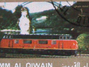 ​UMM AL QIWAIN-1973 WORLD FAMOUS TRAINS CTO MINI SHEET VERY FINE