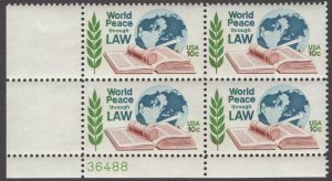 1975 World Peace Through Law Plate Block of 4 10c Postage Stamps, Sc# 1576, MNH