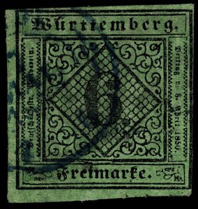 4119: Wurttemberg SG5 6 Kreuzer Black on Green. 1851. Sc#4 Mi3aI Fine Used. C£47