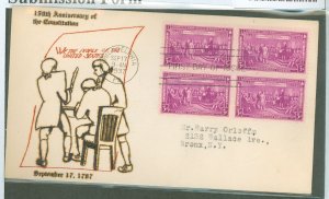 US 798 1937 3c US Constitution/150th anniv bl of 4 on an addressed (typed) FDC with a Bronesky cachet