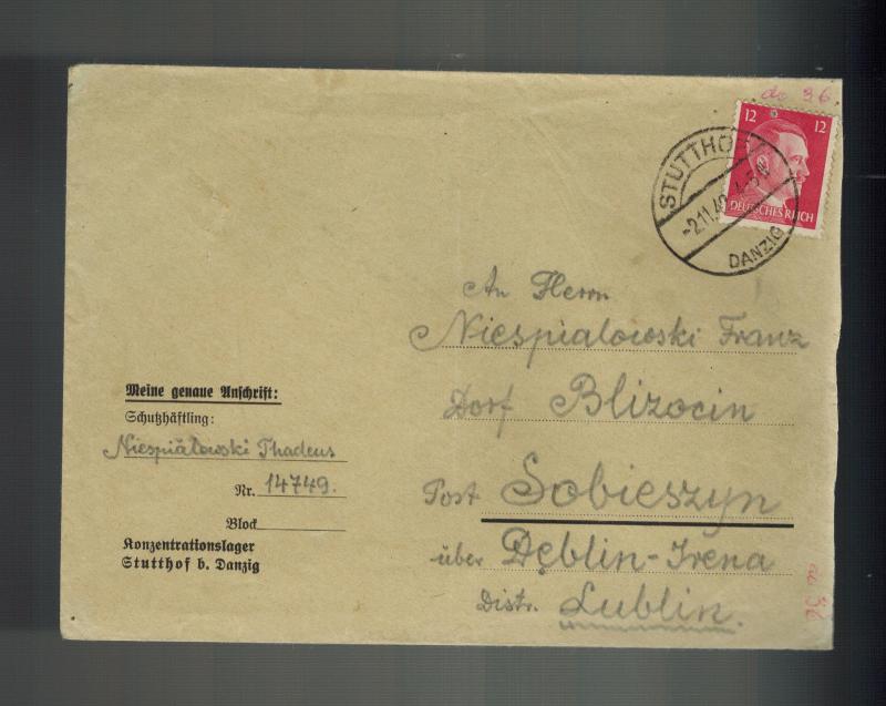 1942 Germany Danzig Stutthof Concentration Camp KZ Cover to Lublin