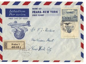 CZECHOSLOVAKIA 1946 FIRST FLIGHT AIR MAIL PRAGUE TO NEW YORK REGISTERED FDC