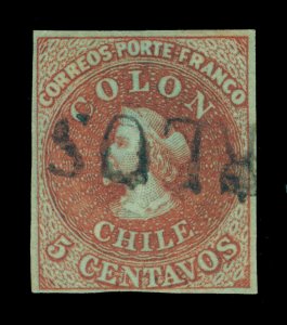 CHILE 1855 COLUMBUS - London 2nd print 5c brn red Sc# 8 used SUP  SAN CARLOS cxl