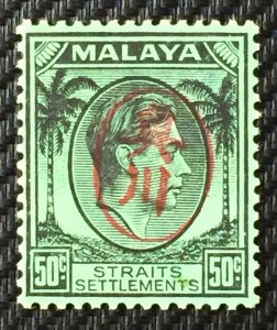 MALAYA Japanese Occupation Okugawa Seal opt SS KGVI PENANG 50c MLH SG#J65 M4273