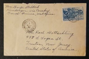 1938 Kissidougou French Guinee  via Conakry to Trenton New Jersey Airmail Cover